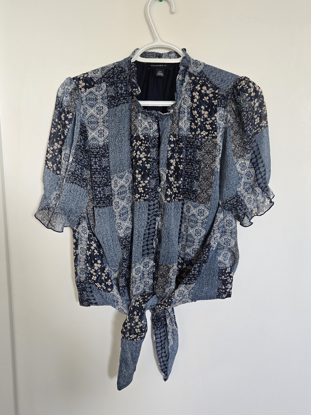 Navy and Light Blue Patchwork Tie-Front Blouse